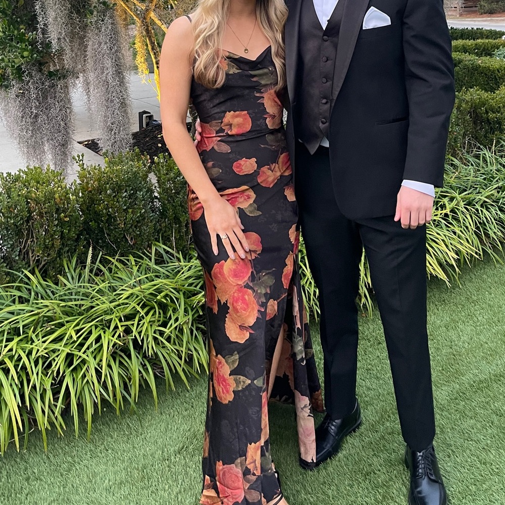 Black floral satin maxi dress, low back wedding guest dress